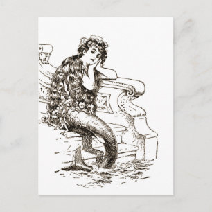 Vintage Black White Mermaid Drawing Postcard