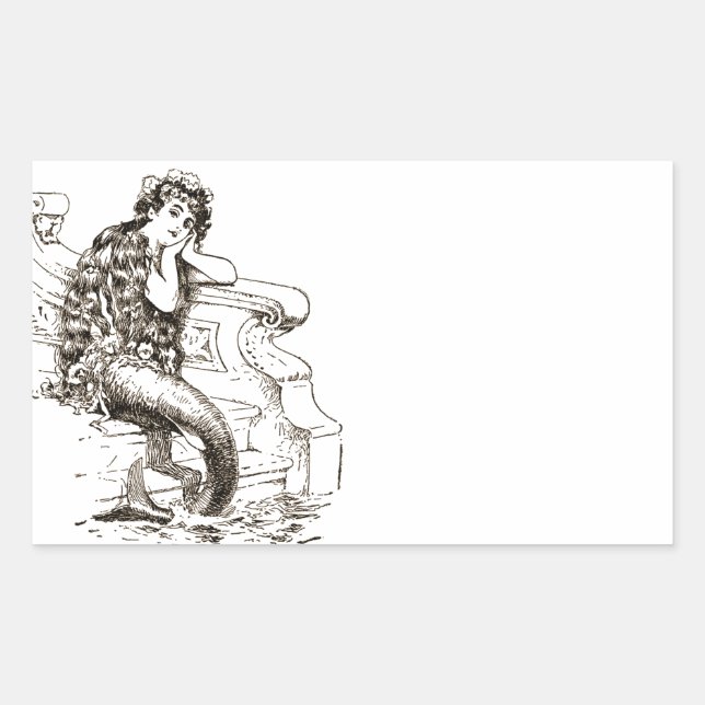 Vintage Black White Mermaid Drawing Rectangular Sticker (Front)