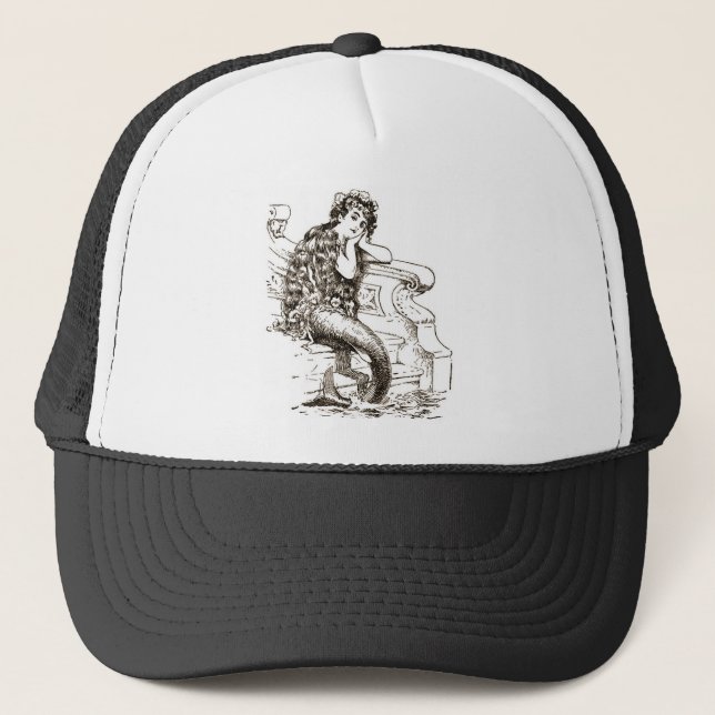 Vintage Black White Mermaid Drawing Trucker Hat (Front)