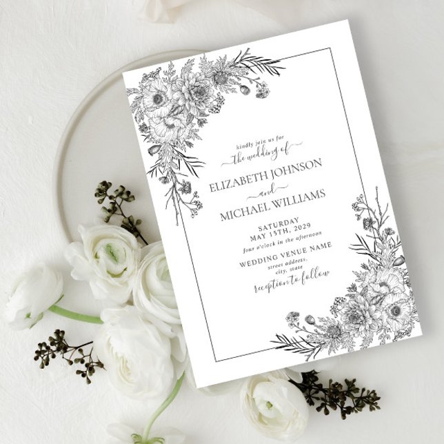 Vintage Black & White Monochrome Floral Script Invitation (Creator Uploaded)