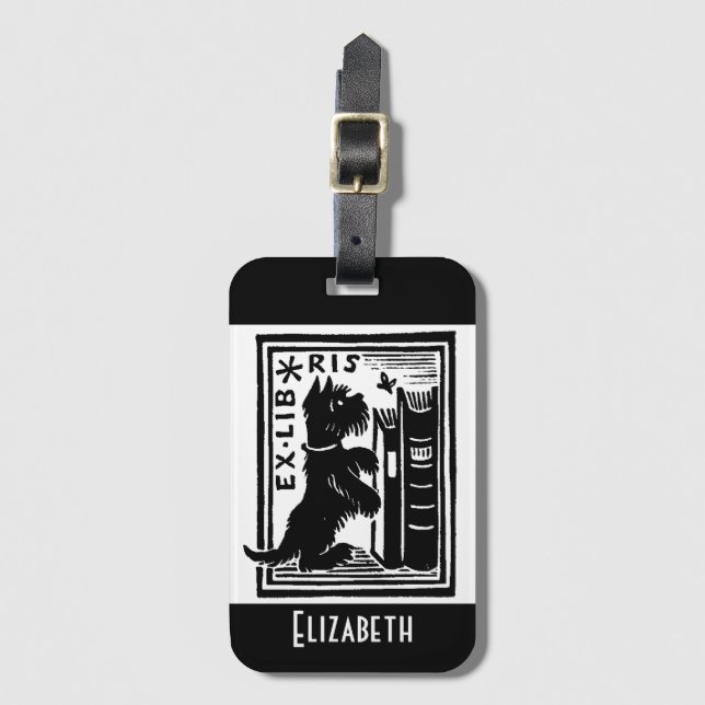 Vintage Black White Monogram Dog Bookplate Luggage Tag (Front Vertical)