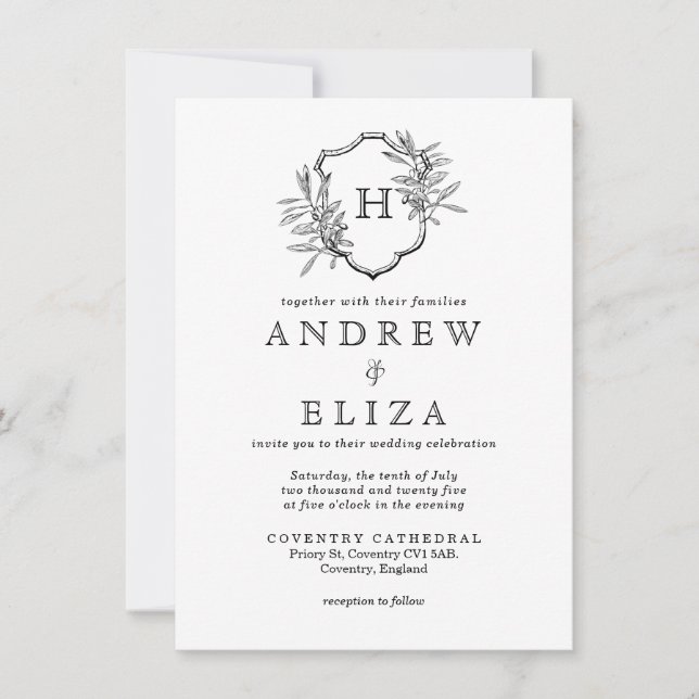 Vintage Black & White Monogram Olives Wedding Invitation (Front)