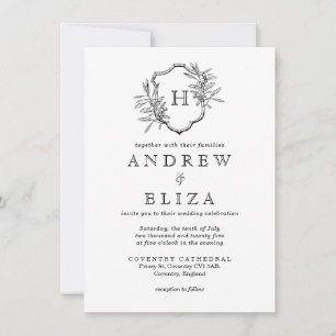Vintage Black & White Monogram Olives Wedding Invitation