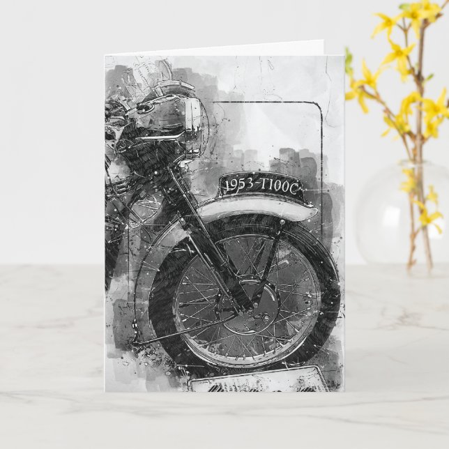 Vintage Black & White Motorcycle Birthday Card (Yellow Flower)