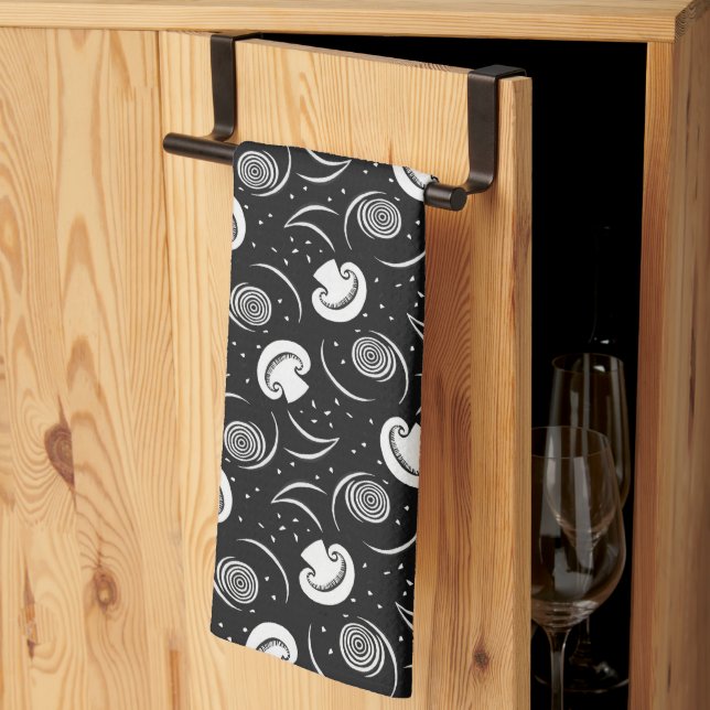  Vintage Black & White Mushroom Pattern Vegetables Tea Towel (Thirds Fold)