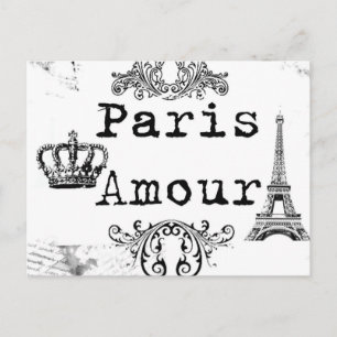 Vintage Black White Paris Amour Eiffel Tower Postcard