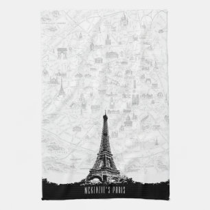Vintage Black White Paris Eiffel Tower Add Name Tea Towel