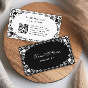 Vintage Black White QR Code Elegant Script Antique Business Card