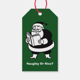 Vintage Black & White Reading Santa on Green Gift Tags