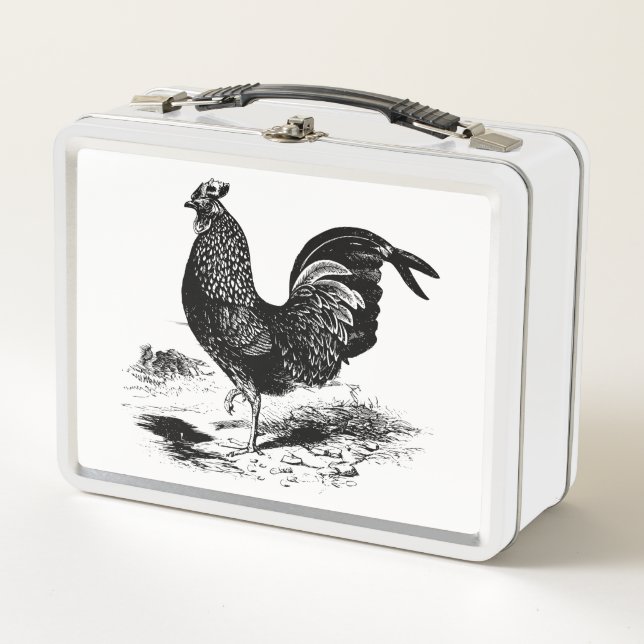 Vintage black white rooster lunch box (Front)