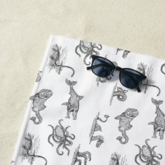 Vintage Black & White Sea Monster Line Art Beach Beach Towel