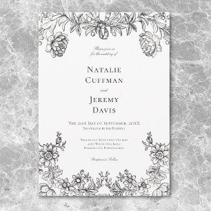 Vintage Black & White Tapestry Floral Wedding Invitation