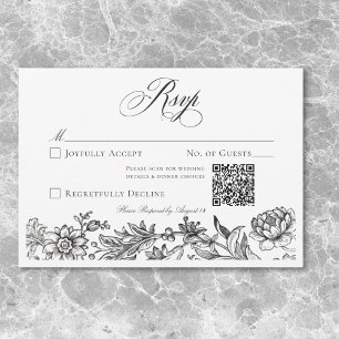 Vintage Black & White Tapestry Floral Wedding RSVP Card