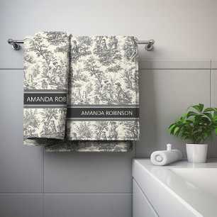 Vintage Black White Toile de Jouy Pattern Bath Towel Set