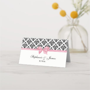 Vintage Black Wht Damask Pink Bow Escort Cards