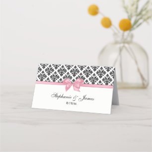 Vintage Black Wht Damask Pink Bow Escort Cards