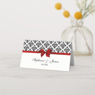 Vintage Black Wht Damask Red Bow Escort Cards