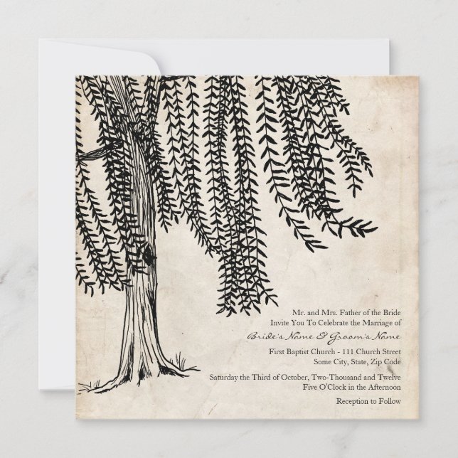 Vintage Black Willow Tree Wedding Invitation (Front)