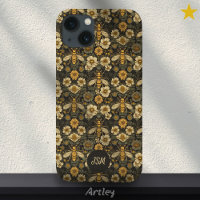 Vintage Black Yellow Floral Pattern Bees Initials