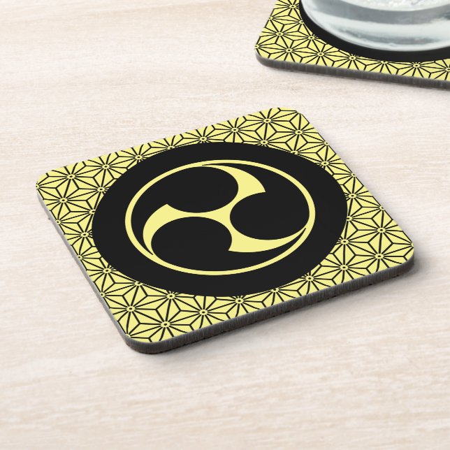 Vintage Black Yellow Kobayakawa Japan Mon Graphic Coaster (Left Side)