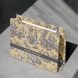 Vintage Black Yellow Toile de Jouy French Floral Large Gift Bag