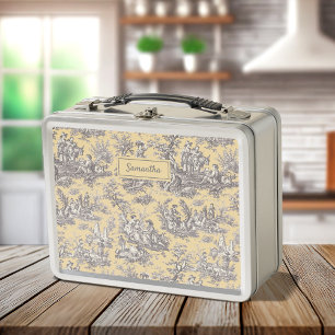 Vintage black yellow toile de jouy printed metal lunch box