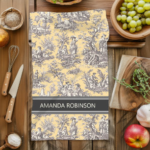Vintage black yellow toile de jouy printed tea towel