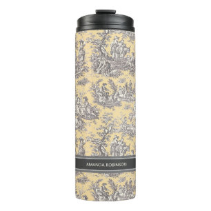 Vintage black yellow toile de jouy printed thermal tumbler