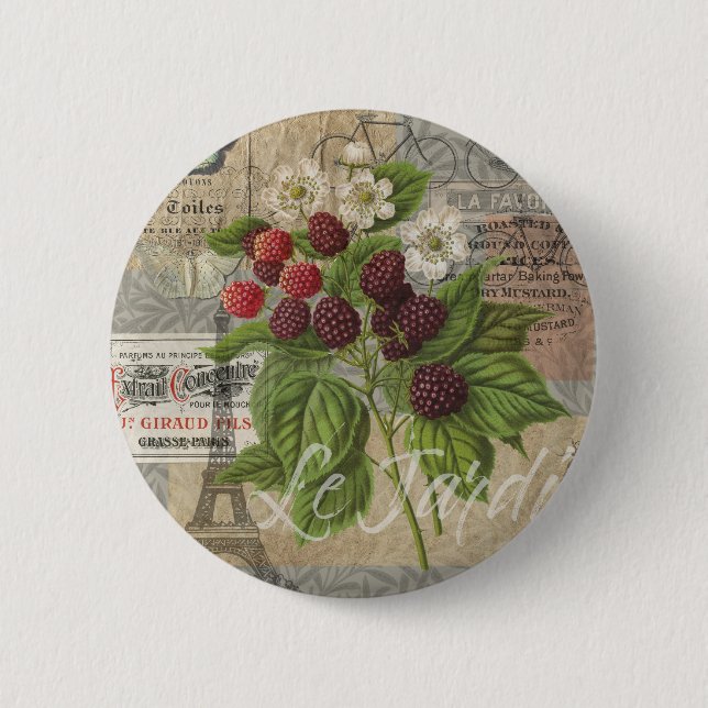 Vintage Blackberries & French Ephemera Art Collage 6 Cm Round Badge (Front)