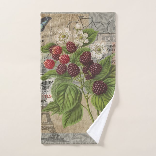 Vintage Blackberries & French Ephemera Art Collage Bath Towel Set (Hand Towel)