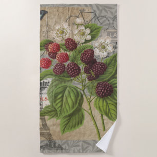 Vintage Blackberries & French Ephemera Art Collage Beach Towel