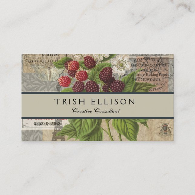 Vintage Blackberries & French Ephemera Art Collage Business Card (Front)