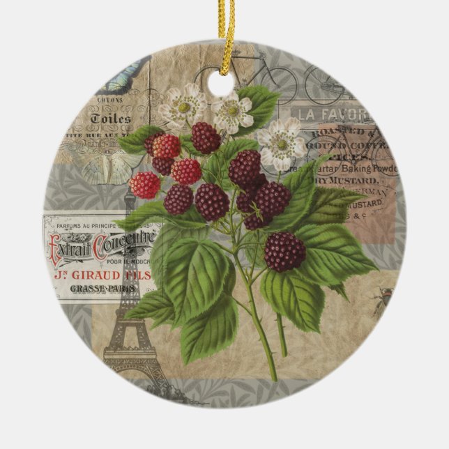 Vintage Blackberries & French Ephemera Art Collage Ceramic Tree Decoration (Front)
