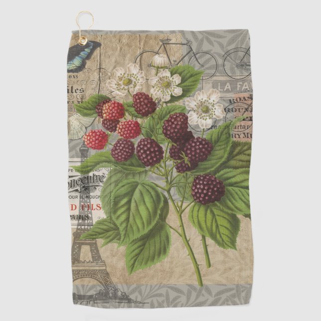 Vintage Blackberries & French Ephemera Art Collage Golf Towel (Front)