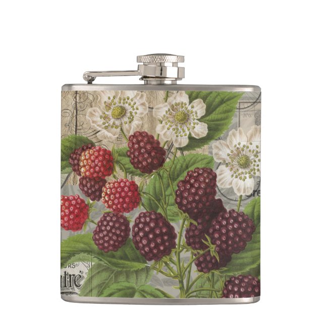 Vintage Blackberries & French Ephemera Art Collage Hip Flask (Front)