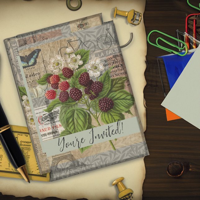 Vintage Blackberries & French Ephemera Art Collage Invitation (Creator Uploaded)
