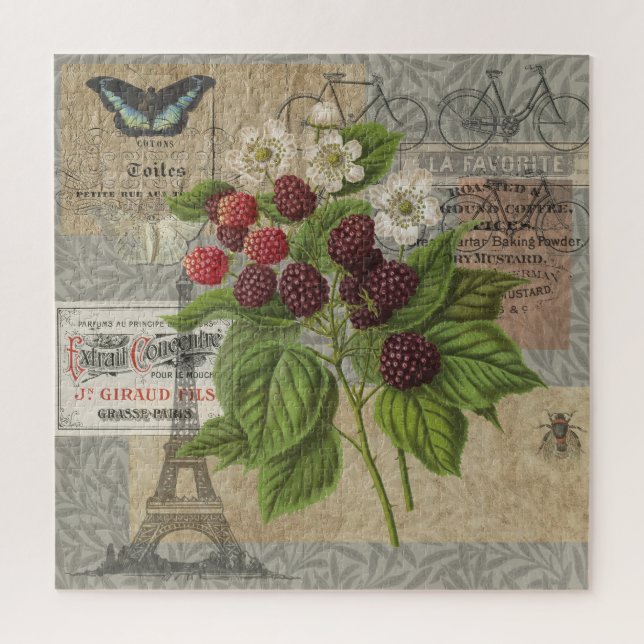 Vintage Blackberries & French Ephemera Art Collage Jigsaw Puzzle (Vertical)