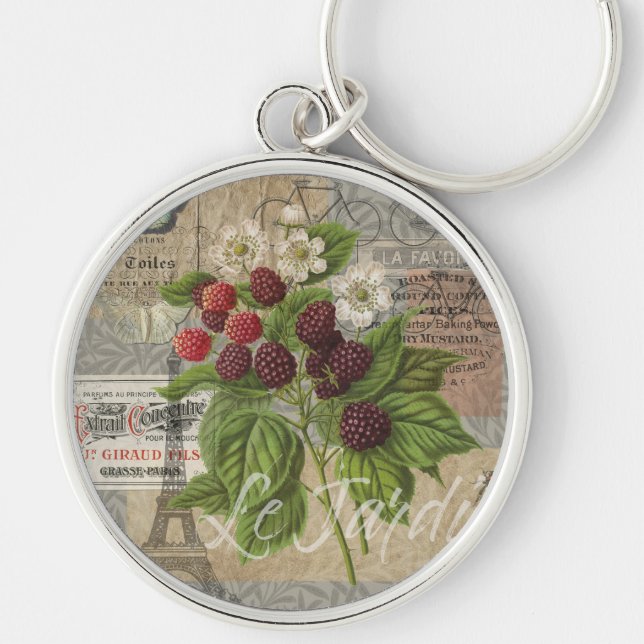 Vintage Blackberries & French Ephemera Art Collage Key Ring (Front)
