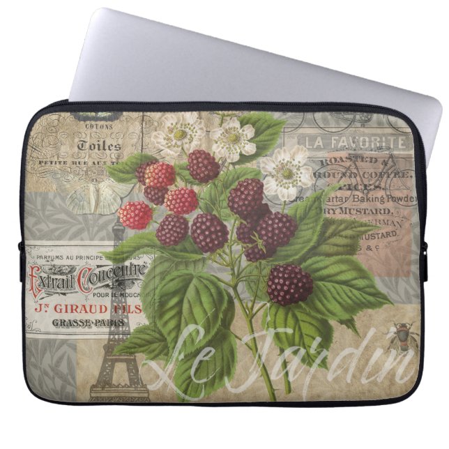 Vintage Blackberries & French Ephemera Art Collage Laptop Sleeve (Front)