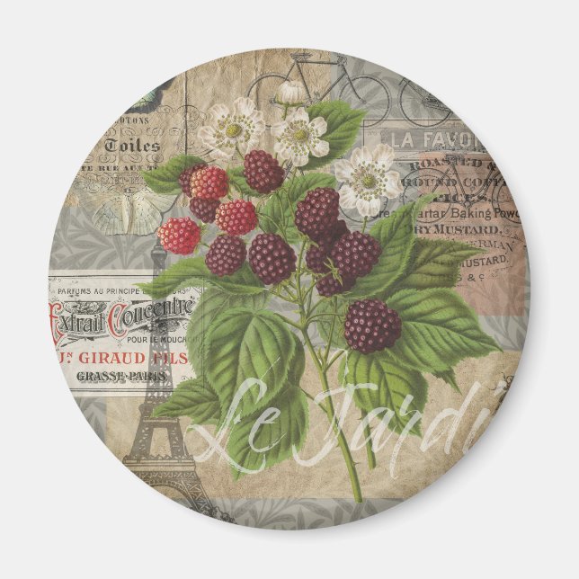 Vintage Blackberries & French Ephemera Art Collage Magnet (Front)