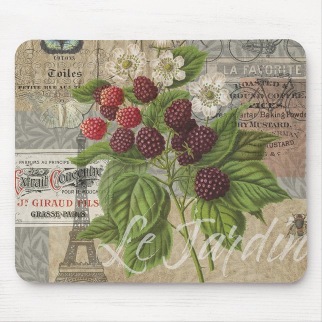 Vintage Blackberries & French Ephemera Art Collage Mouse Mat (Front)