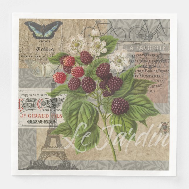Vintage Blackberries & French Ephemera Art Collage Napkin (Front)