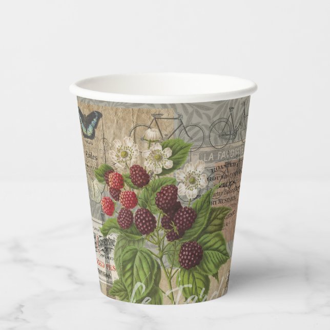 Vintage Blackberries & French Ephemera Art Collage Paper Cups (Front)