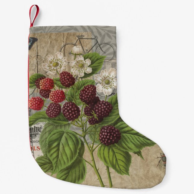 Vintage Blackberries & French Ephemera Art Collage Small Christmas Stocking (Front)