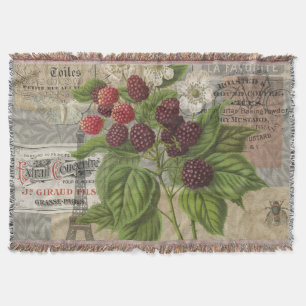 Vintage Blackberries & French Ephemera Art Collage Throw Blanket