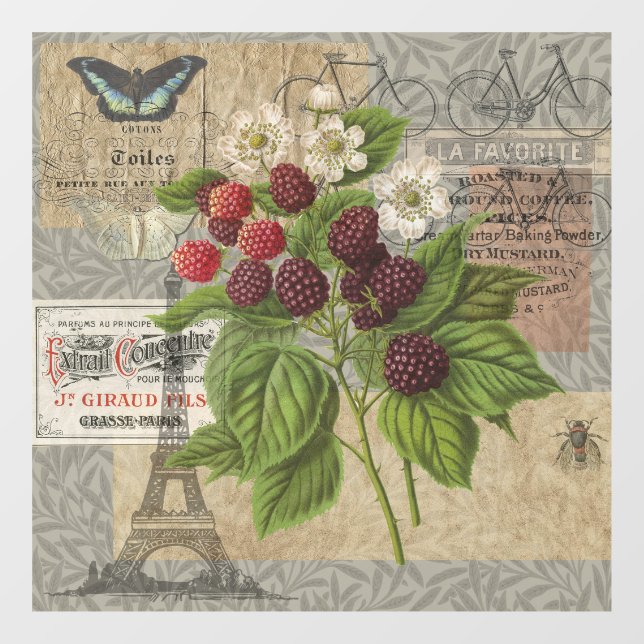 Vintage Blackberries & French Ephemera Art Collage Window Cling (Sheet)