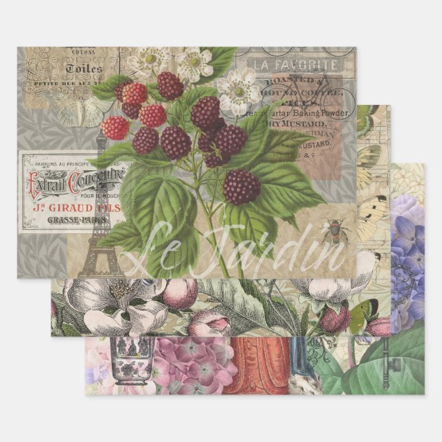 Vintage Blackberries & French Ephemera Art Collage Wrapping Paper Sheet (Set)