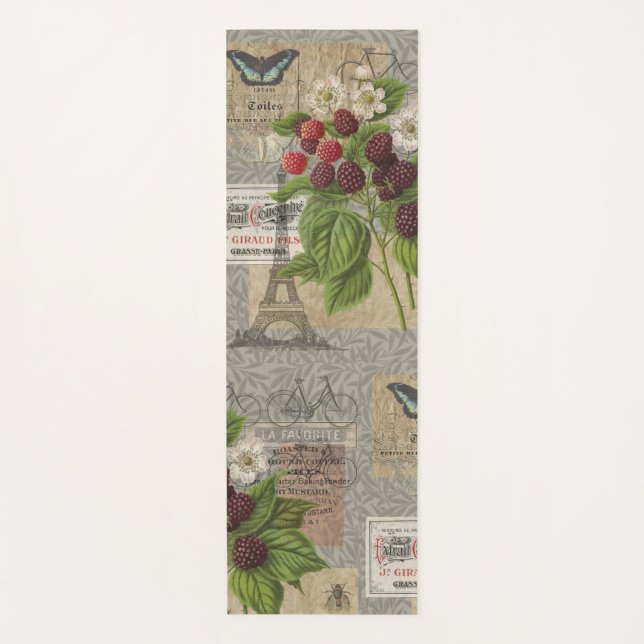 Vintage Blackberries & French Ephemera Art Collage Yoga Mat (Front)