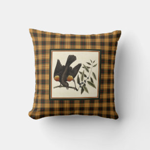 Vintage Blackbird with Rustic Fall Plaid Cushion