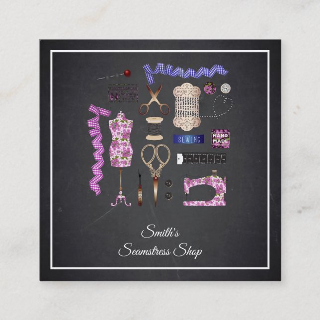 Vintage Blackboard Seamstress Square Business Card (Front)
